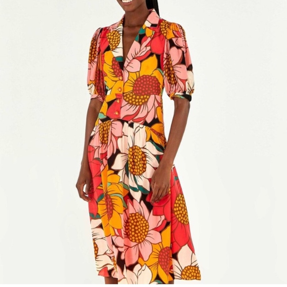 Farm Rio open back floral midi dress puff sleeve size M gently used